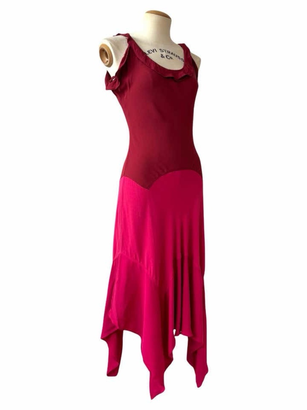 Yves Saint Laurent (YSL) Two-Tone Burgundy & Fuchsia Handkerchief-Hem Dress